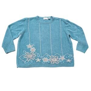 Alfred Dunner Aqua Greenish Blue Floral Embroidered Crew Neck Formal Sweater